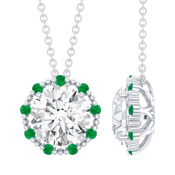 Rosec Jewels Lab Grow Diamond Pendant with Chain - Vintage Inspired Diamond Emerald Necklace - EF-VS Grade, 14K White Gold