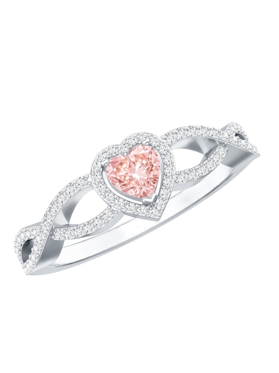 IGI Certified Lab Grown 1 Carat Pink Diamond Heart Engagement Ring with Halo - Pink White Diamond Crossover Ring - with Jewelry Box, 18K White Gold, US 3.50