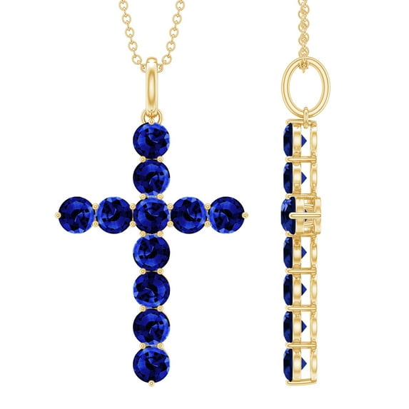 Rosec Jewels Lab Grown Blue Sapphire Cross Necklace for Women - with Chain - AAAA Quality Certified - Gift for Christmas, 10K Yellow Gold