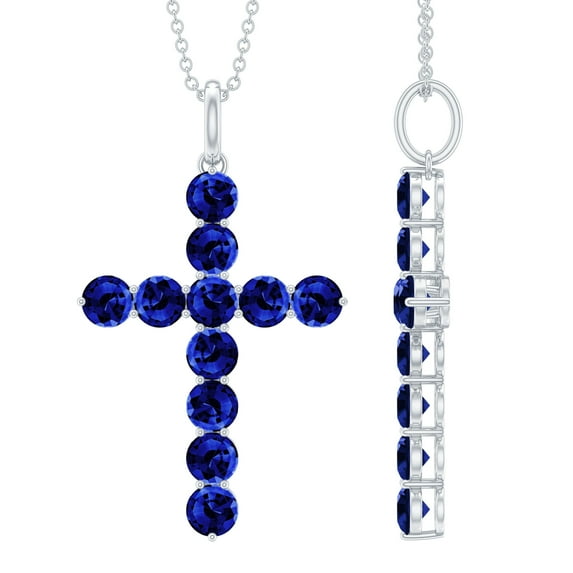 Rosec Jewels Lab Grown Blue Sapphire Cross Necklace for Women - with Chain - AAAA Quality Certified - Gift for Christmas, 14K White Gold