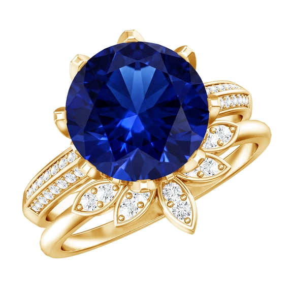 Rosec Jewels Lab Grown Blue Sapphire Ring Set with Diamond - Floral Bridal Ring Set, 18K Yellow Gold, US 12.00