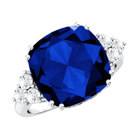 Rosec Jewels Lab Grown Blue Sapphire Solitaire Ring with Diamond for Women - 12 mm, 14K White Gold, US 12.00