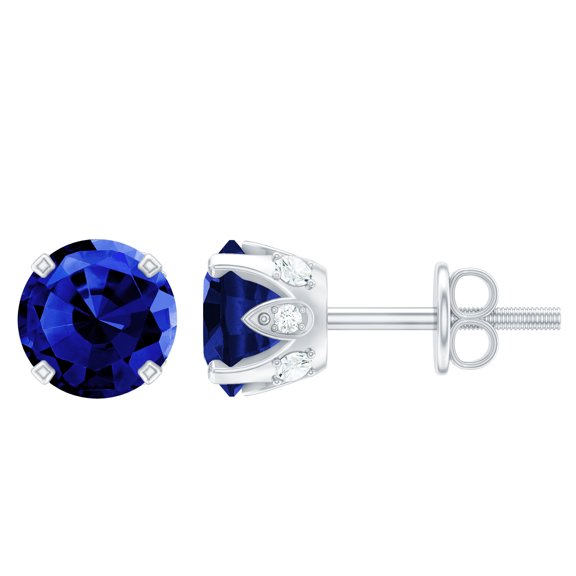 Rosec Jewels Lab Grown Blue Sapphire Solitaire Stud Earrings with Moissanite - AAAA Grade, 925 Sterling Silver