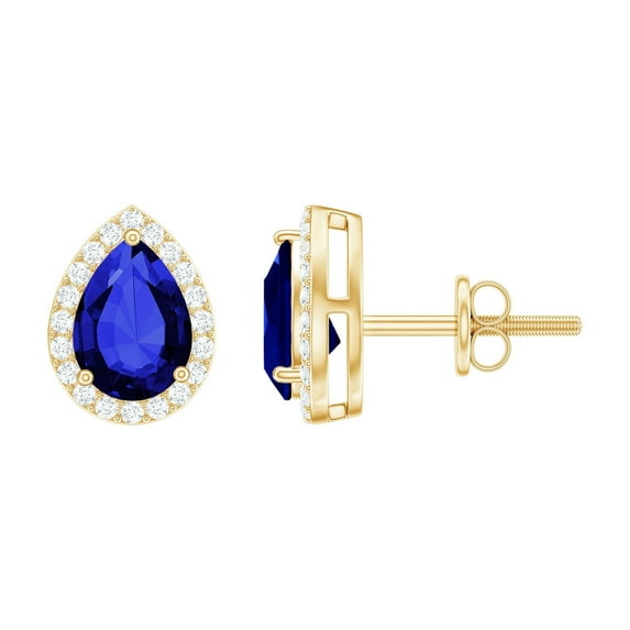 Rosec Jewels Lab Grown Blue Sapphire Teardrop Stud Earrings for Women with Diamond, 14K Yellow Gold