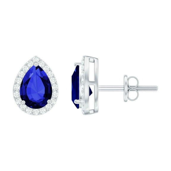 Rosec Jewels Lab Grown Blue Sapphire Teardrop Stud Earrings for Women with Diamond, 925 Sterling Silver