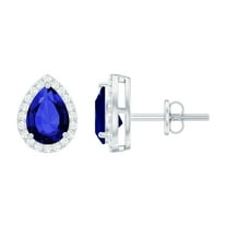 Rosec Jewels Lab Grown Blue Sapphire Teardrop Stud Earrings for Women with Diamond, 925 Sterling Silver
