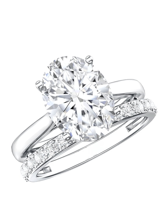 Lab Grown Diamond 3 Carat Oval Engagement Ring with Band - IGI Certified - E-VS1 Quality - Wedding Ring Set for Women, 925 Sterling Silver, US 5.00
