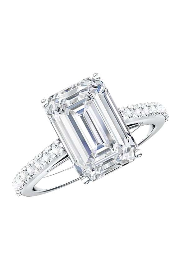 Lab Grown Diamond 4 Carat Engagement Ring Emerald Cut - IGI Certified Big Diamond Ring with Surprise Halo - E-VS1 Grade, 10K White Gold, US 5.00