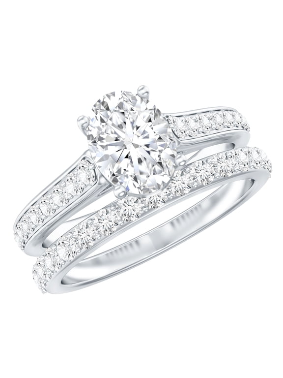 Lab Grown Diamond Bridal Ring Set - IGI Certified 1 Carat Oval Engagement Ring with Wedding Band - E-VS1 Grade, 925 Sterling Silver, US 6.00