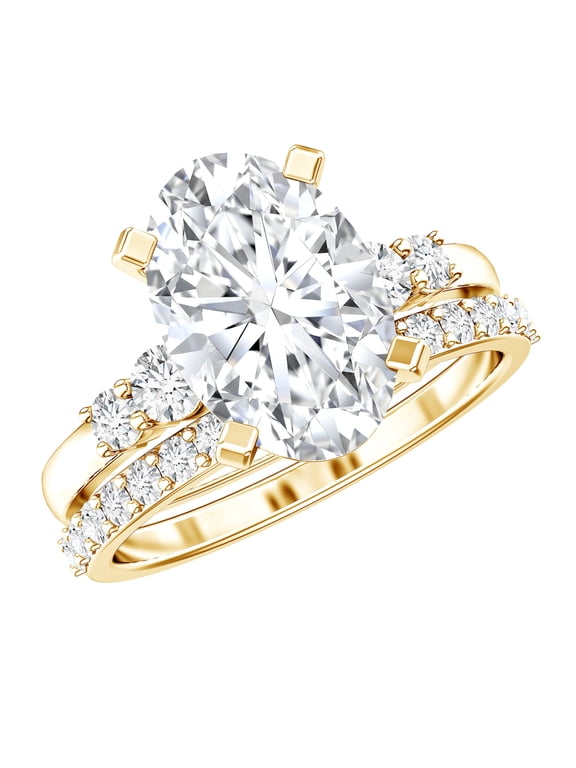 Lab Grown Diamond Bridal Ring Set - IGI Certified - E-VS1 Grade - 3 Carat Oval Engagement Ring with Enhancer, 10K Yellow Gold, US 3.00