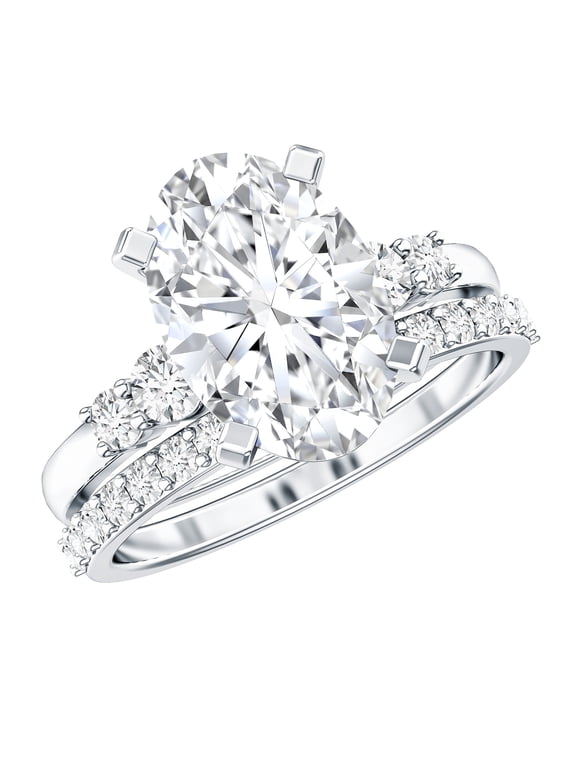 Lab Grown Diamond Bridal Ring Set - IGI Certified - E-VS1 Grade - 3 Carat Oval Engagement Ring with Enhancer, 925 Sterling Silver, US 4.00