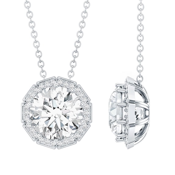 Rosec Jewels Lab Grown Diamond Cocktail Necklace for Women - Round Pendant with Chain (2 Carat, EF-VS Quality), 10K White Gold