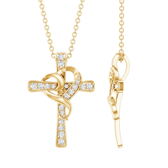 Rosec Jewels Lab Grown Diamond Cross Necklace with Heart (EF-VS Quality Diamond, Chain Included) - Ready to Gift for Christmas, 10K Yellow Gold