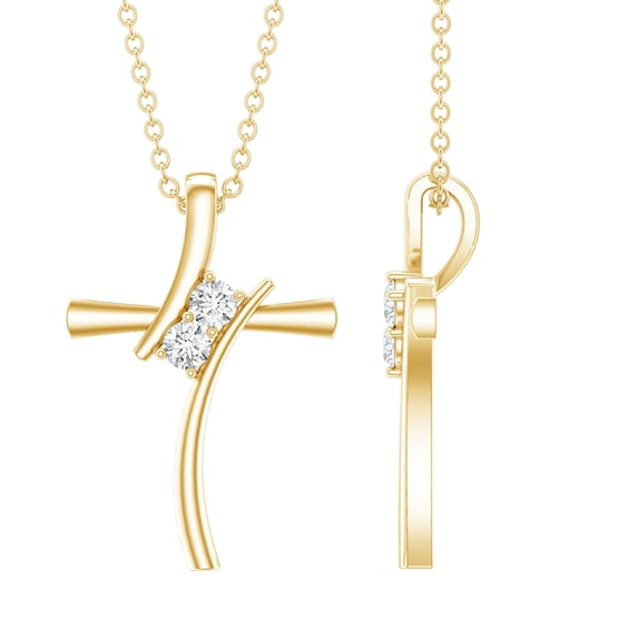 Rosec Jewels Lab Grown Diamond Cross Pendant for Women (EF-VS Quality) - 2 Stone Bypass Faith Necklace with Chain - Ready to Gift, 18K Yellow Gold