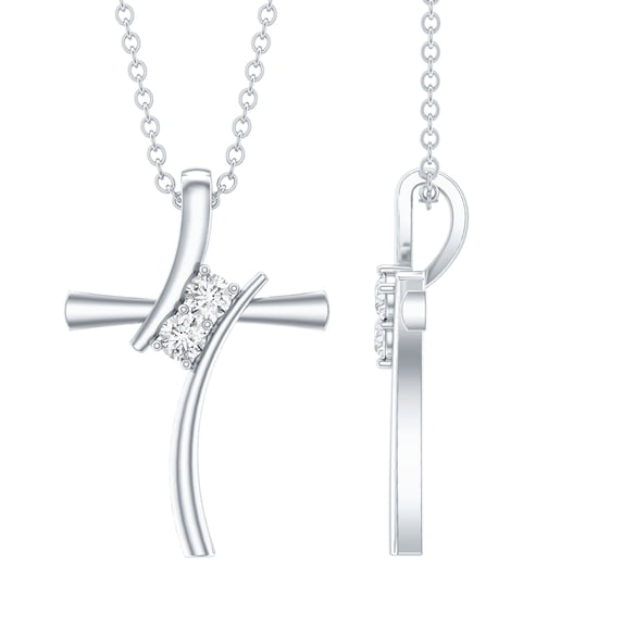 Rosec Jewels Lab Grown Diamond Cross Pendant for Women (EF-VS Quality) - 2 Stone Bypass Faith Necklace with Chain - Ready to Gift, 925 Sterling Silver