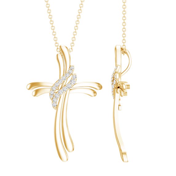 Rosec Jewels Lab Grown Diamond Cross Pendant for Women (Ef-Vs Grade) - Wavy Cross Necklace with Chain - Ready to Gift for Christmas, 10K Yellow Gold