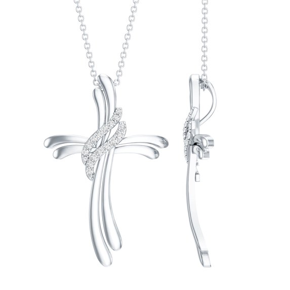 Rosec Jewels Lab Grown Diamond Cross Pendant for Women (Ef-Vs Grade) - Wavy Cross Necklace with Chain - Ready to Gift for Christmas, 18K White Gold