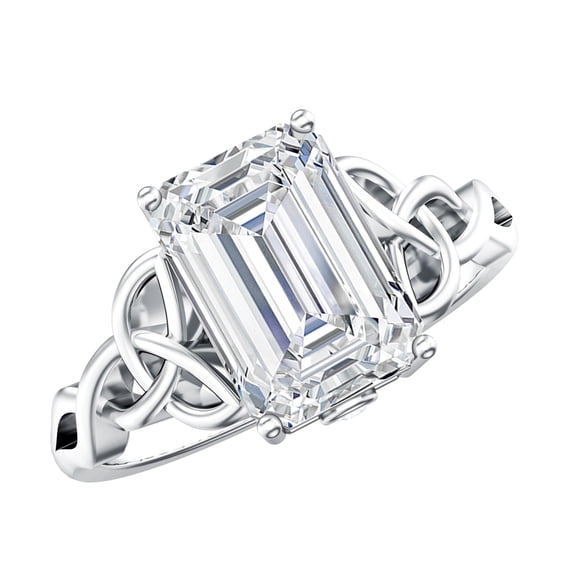 Rosec Jewels Lab Grown Diamond Emerald Cut Engagement Ring 3 Carat - IGI Certified - E-VS1 Quality - Celtic Knot Ring, 925 Sterling Silver, US 4.00