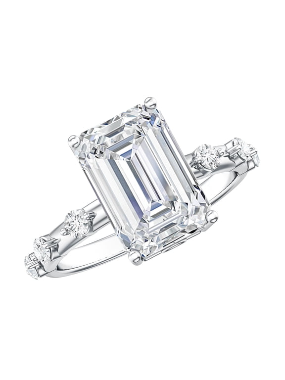 Lab Grown Diamond Emerald Cut Engagement Ring 4 Carat - IGI Certified Diamond Solitaire Ring - E-VS1 Quality, 925 Sterling Silver, US 4.00