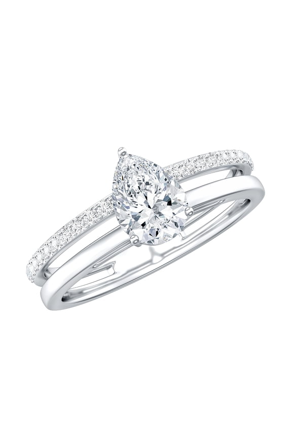 Lab Grown Diamond Engagement Ring - Teardrop Ring - Double Band, 14K White Gold, US 7.00