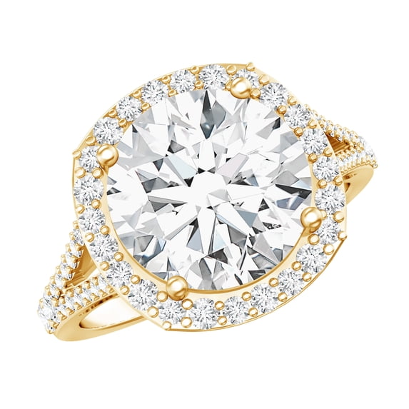 Rosec Jewels Lab Grown Diamond Engagement Ring with Halo - IGI Certified (4 Carat, E-VS1 Grade) - Split Shank Ring for Women, 14K Yellow Gold, US 3.50