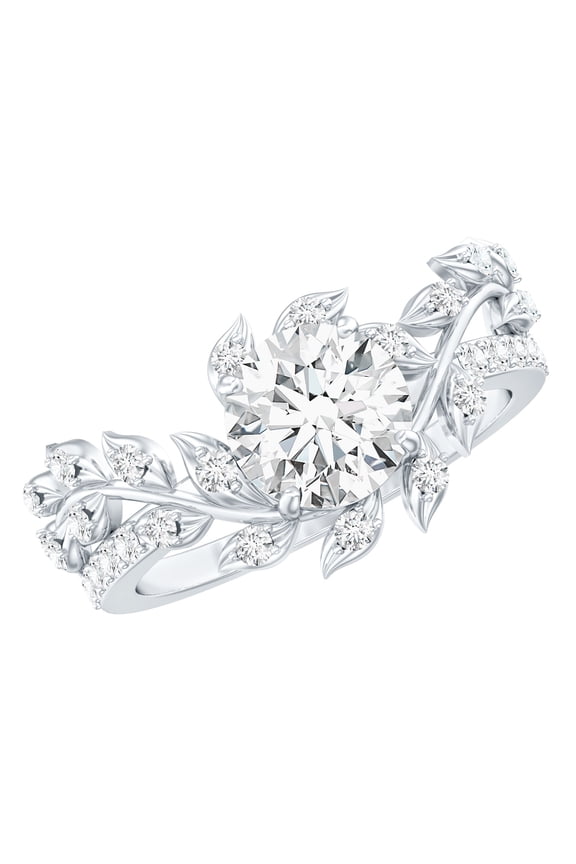 Lab Grown Diamond Engagement Ring Leaf - 7 mm Round - 1 Carat - EF-VS Quality, 14K White Gold, US 7.00