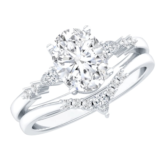 Rosec Jewels Lab Grown Diamond Engagement Ring Set - 2ct Oval Engagement Ring with Enhancer - EF-VS Quality Certified, 10K White Gold, US 6.00
