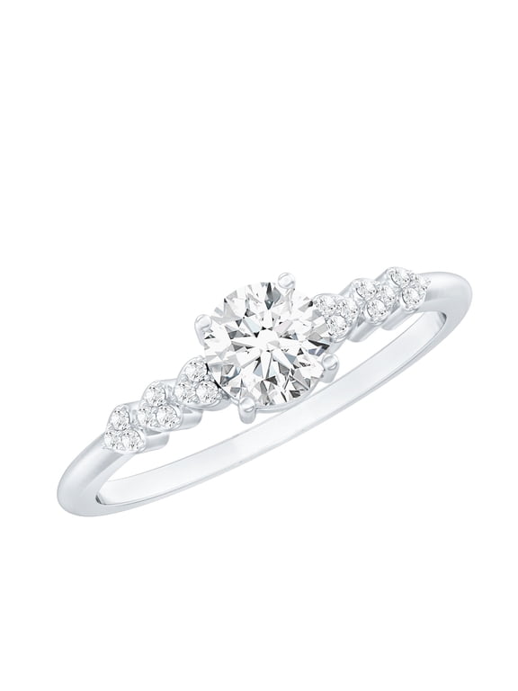 Lab Grown Diamond Engagement Ring with Side Stones - EF-VS Grade Certified, 925 Sterling Silver, US 5.50
