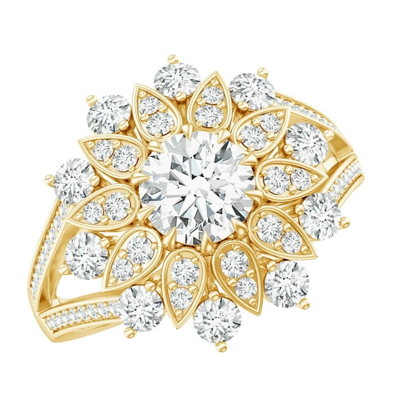 Rosec Jewels - Lab Grown Diamond Flower Engagement Ring - Cocktail Ring - EF-VS Grade, 14K Yellow Gold, US 7.00