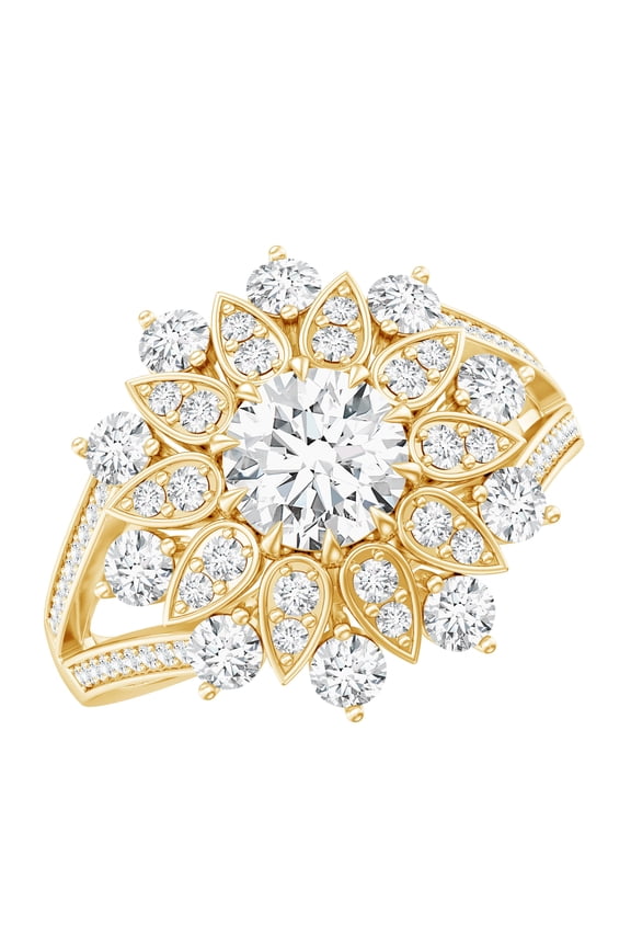 - Lab Grown Diamond Flower Engagement Ring - Cocktail Ring - EF-VS Grade, 14K Yellow Gold, US 7.00