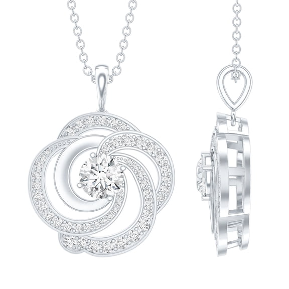 Rosec Jewels Lab Grown Diamond Flower Pendant Necklace with Chain - EF-VS Quality Certified, 925 Sterling Silver