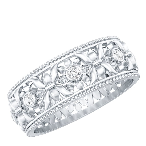 Rosec Jewels Lab Grown Diamond Flower Wedding Band for Women - Filigree Band Ring - EF-VS Quality Certified - With Jewelry Box, 14K White Gold, US 5.00