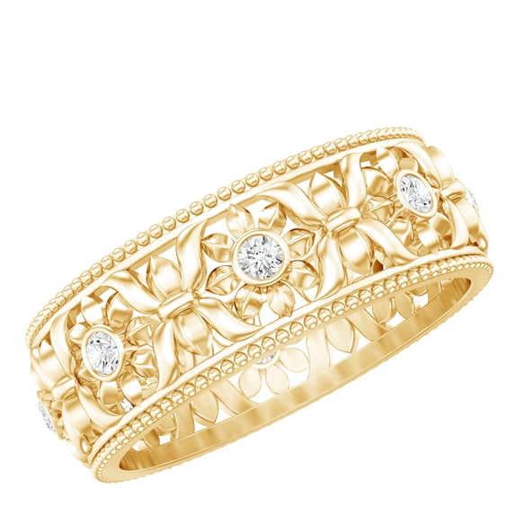 Rosec Jewels Lab Grown Diamond Flower Wedding Band for Women - Filigree Band Ring - EF-VS Quality Certified - With Jewelry Box, 18K Yellow Gold, US 8.50