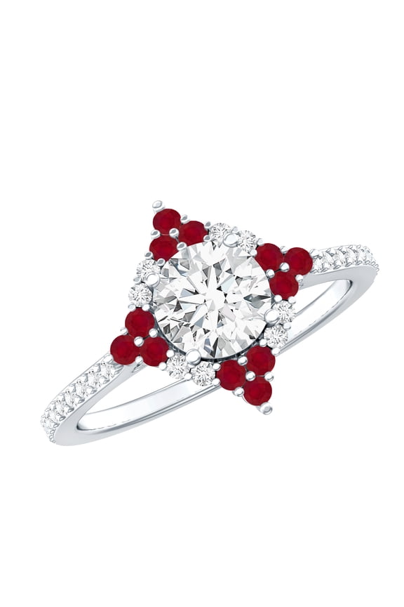 Lab Grown Diamond Halo Engagement Ring with Real Ruby - Statement Ring - EF-VS Quality, 925 Sterling Silver, US 7.00
