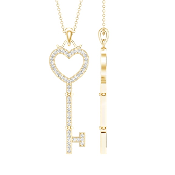 Rosec Jewels Lab Grown Diamond Heart Key Pendant Necklace - with Chain - Ready to Gift, 14K Yellow Gold