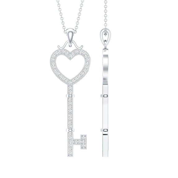 Rosec Jewels Lab Grown Diamond Heart Key Pendant Necklace - with Chain - Ready to Gift, 18K White Gold