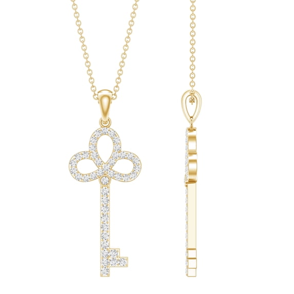 Rosec Jewels Lab Grown Diamond Key Necklace Pendant with Chain - Ef-Vs Quality Pave Diamond Necklace - Anniversary Gift, 10K Yellow Gold