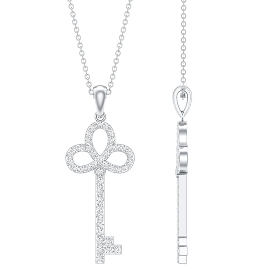 Rosec Jewels Lab Grown Diamond Key Necklace Pendant with Chain - Ef-Vs Quality Pave Diamond Necklace - Anniversary Gift, 18K White Gold