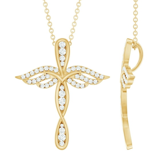 Rosec Jewels Lab Grown Diamond Cross Pendant (EF-VS Quality Certified) Angel Wings Cross Necklace - Ready to Gift for Christmas, 14K Yellow Gold