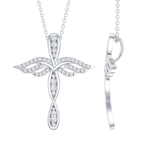 Rosec Jewels Lab Grown Diamond Cross Pendant (EF-VS Quality Certified) Angel Wings Cross Necklace - Ready to Gift for Christmas, 925 Sterling Silver