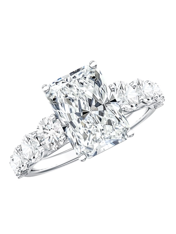 Lab Grown Diamond Radiant Cut Engagement Ring with Side Stones (IGI Certified, E-VS1 Quality) - 3 Carat Diamond Ring, 925 Sterling Silver, US 9.00