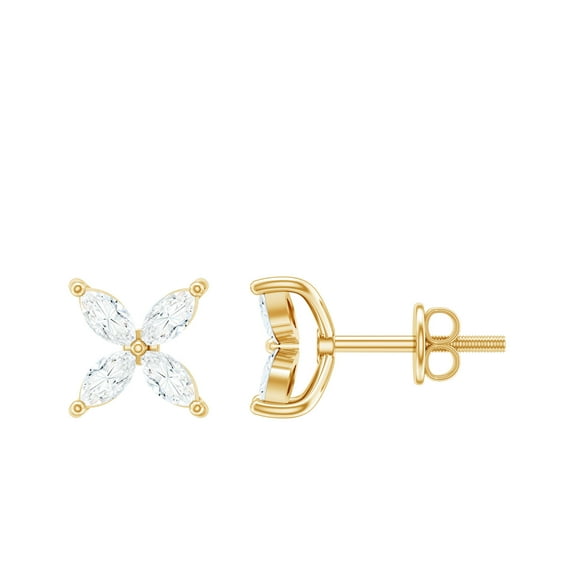 Rosec Jewels Lab Grown Diamond Stud Earrings - 4 Petal Flower Earrings with Screw Back (Ef-Vs Quality), 14K Yellow Gold