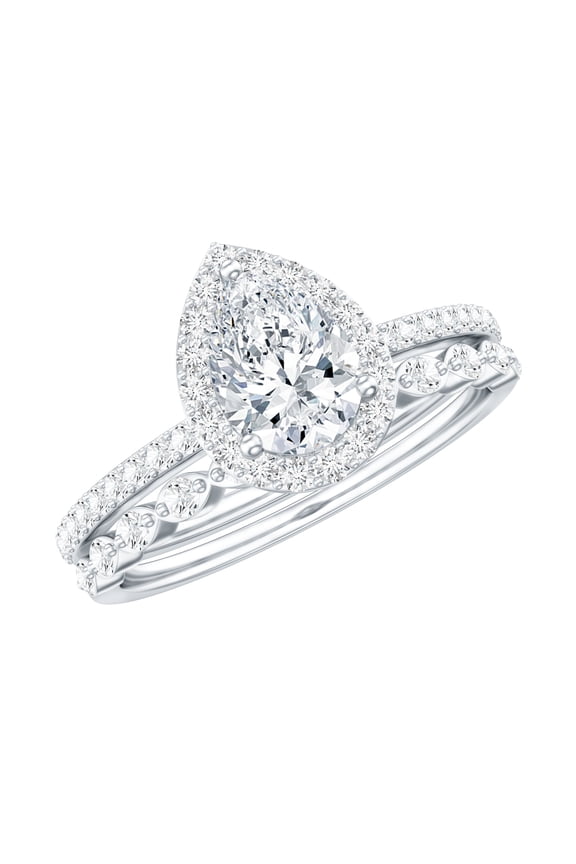 Lab Grown Diamond Teardrop Wedding Engagement Ring Set (Ef-VS Quality) - Statement Bridal Rings Set of 2, 10K White Gold, US 9.00