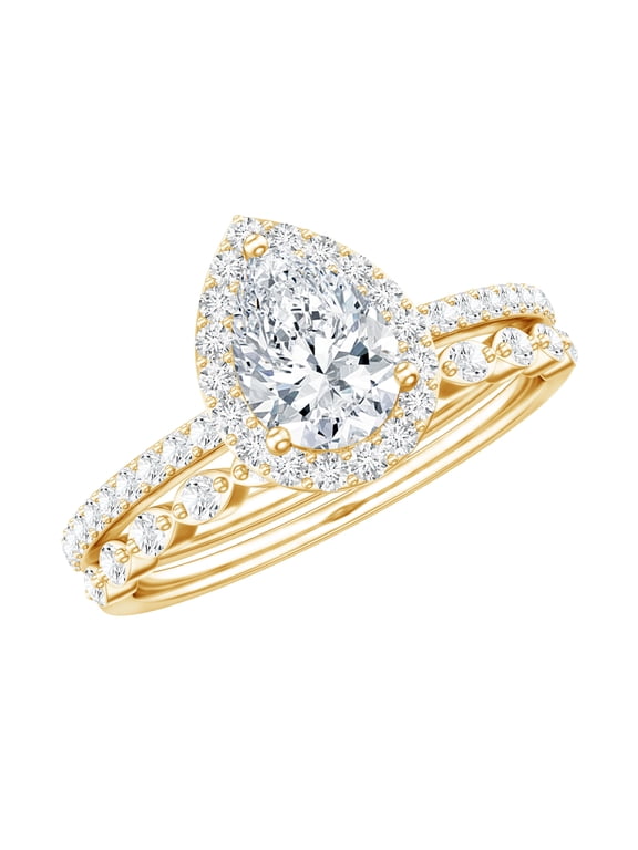 Lab Grown Diamond Teardrop Wedding Ring Set for Women (EF-VS Quality) - 0.68 Carat Engagement Ring with Enhancer, 14K Yellow Gold, US 3.00