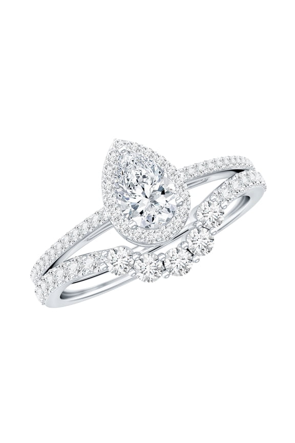 Certified Lab Grown Diamond Wedding Ring Set - EF-VS Quality - Pear Shaped Engagement Ring with Curved Band, 10K White Gold, US 4.00