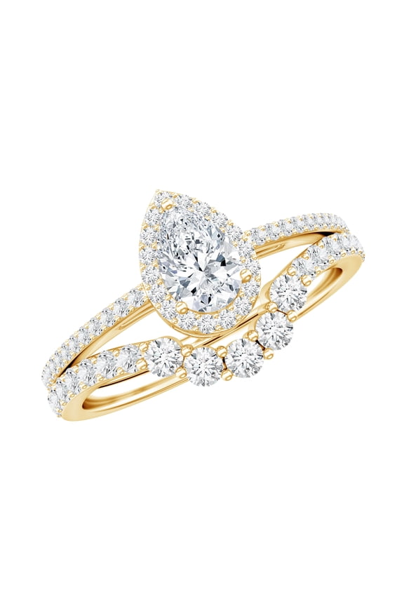 Certified Lab Grown Diamond Wedding Ring Set - EF-VS Quality - Pear Shaped Engagement Ring with Curved Band, 14K Yellow Gold, US 7.00