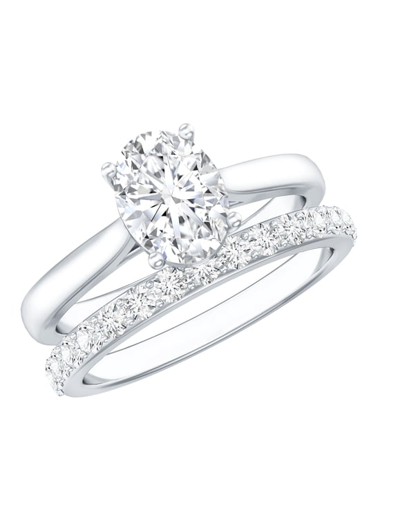 Lab Grown Diamond Wedding Bridal Ring Set - IGI Certified - E-VS1 Grade - 1 Ct Oval Engagement Ring with Enhancer, 925 Sterling Silver, US 4.00