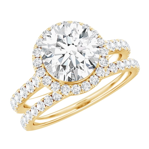 Rosec Jewels Lab Grown Diamond Wedding Bridal Ring Set of 2 - EF-VS Quality - Halo Engagement Ring with Wedding Band, 10K Yellow Gold, US 9.50