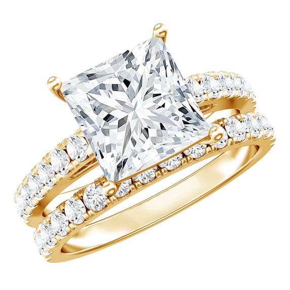 Rosec Jewels Lab Grown Diamond Wedding Engagement Ring Set - IGI Certified - 5 Carat Princess Cut Engagement Ring with Enhancer, 14K Yellow Gold, US 8.00