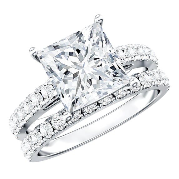 Rosec Jewels Lab Grown Diamond Wedding Engagement Ring Set - IGI Certified - 5 Carat Princess Cut Engagement Ring with Enhancer, 18K White Gold, US 8.00